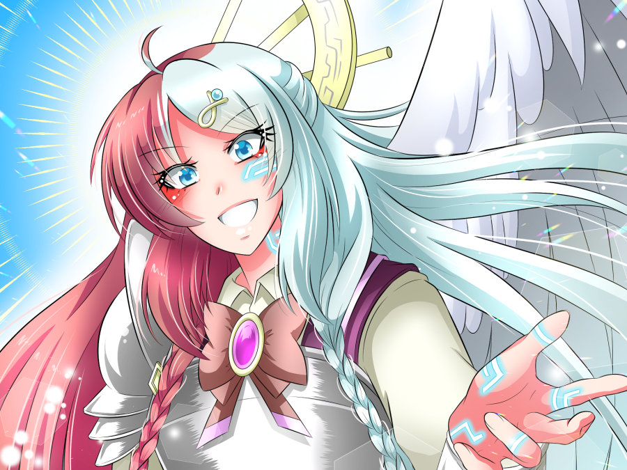 Amethyst Webtoon Presentazione 1 Una ragazza sorridente con capelli metà rosa scuro e metà bianchi con riflessi azzurri, ali bianche e segni luminosi azzurri sul viso e sulla mano.