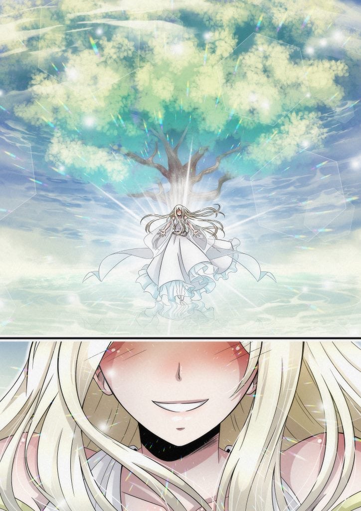 Sophia davanti a un grande albero luminoso, con un primo piano del suo sorriso.