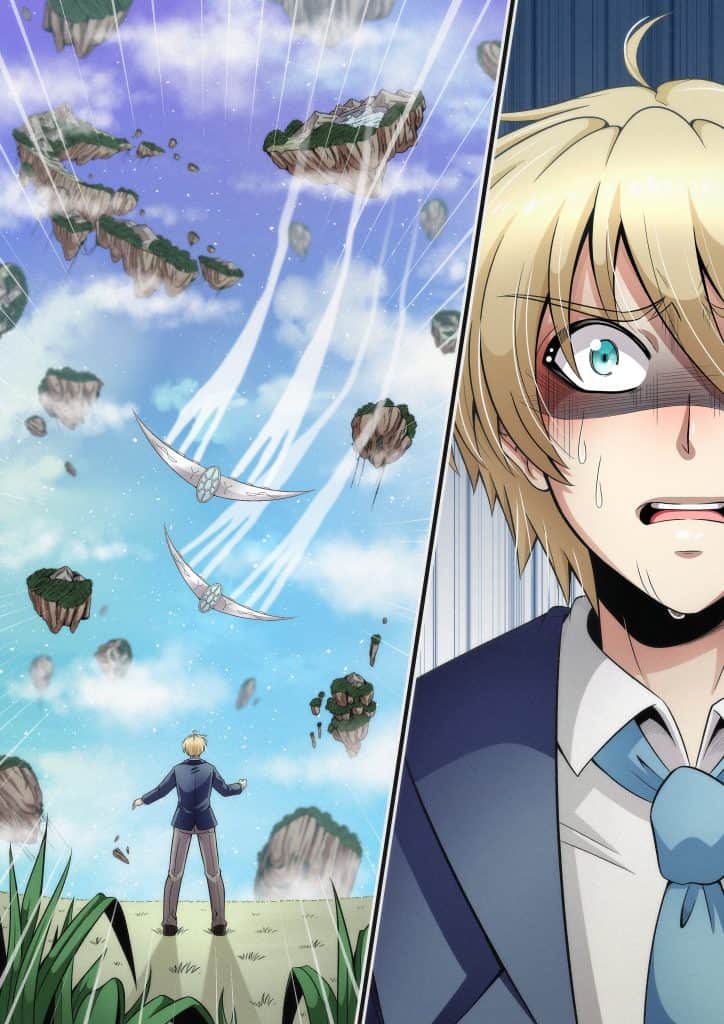 Ethan osserva numerose isole fluttuanti e due mezzi volanti nel cielo, con un primo piano della sua espressione turbata.